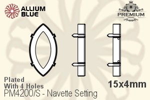 PREMIUM Navette Setting (PM4200/S), With Sew-on Holes, 15x4mm, Plated Brass