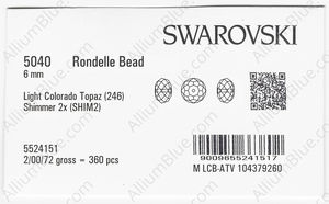 SWAROVSKI 5040 6MM LIGHT COLORADO TOPAZ SHIMMER2 factory pack